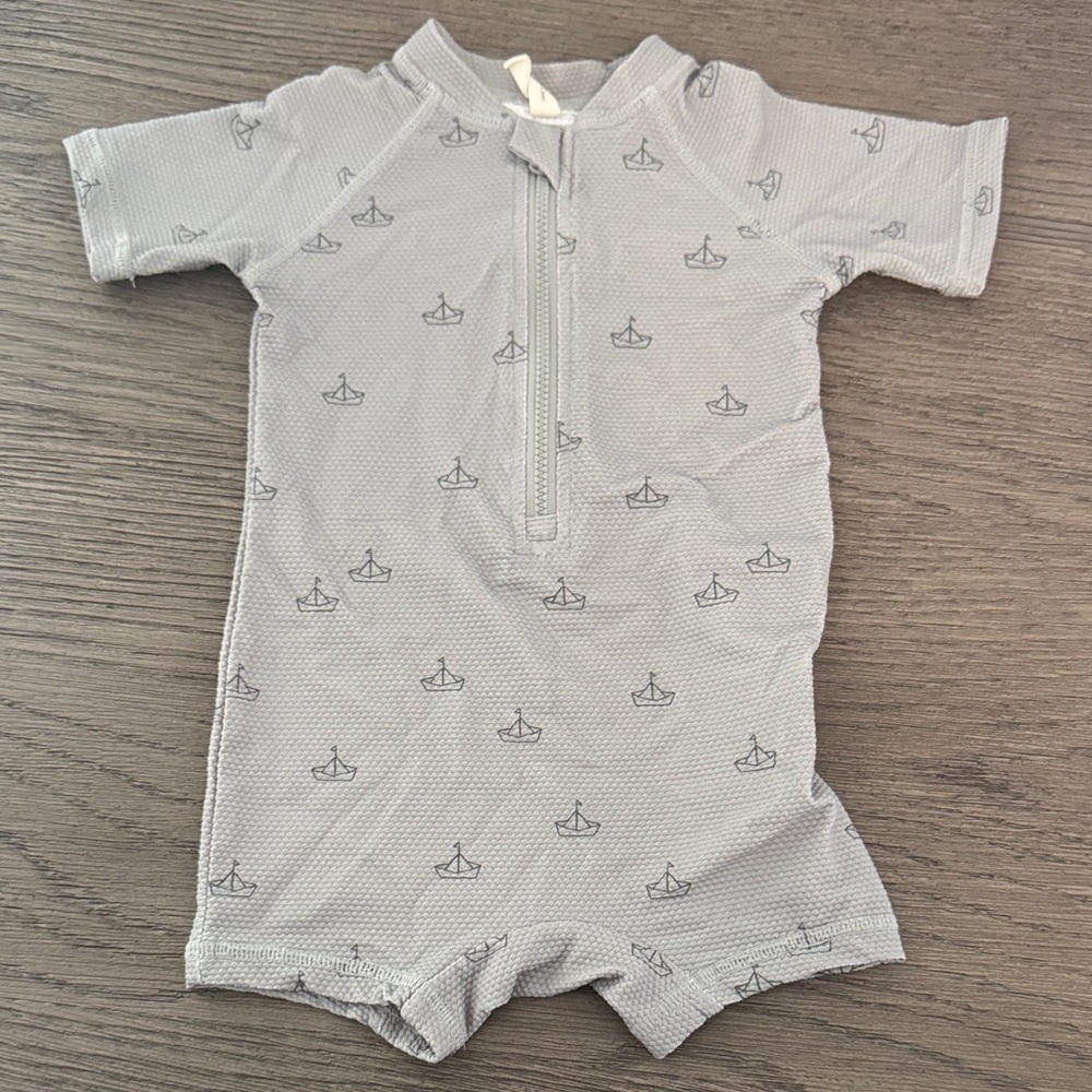 Quincy Mae Light Gray Kids Swim One Piece with Boat Pattern